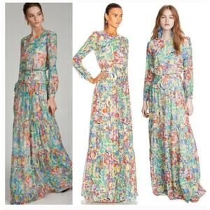 Saloni Isabel Dress 100% Silk Long Sleeve Tiered Blouson Maxi Summer Confetti 2